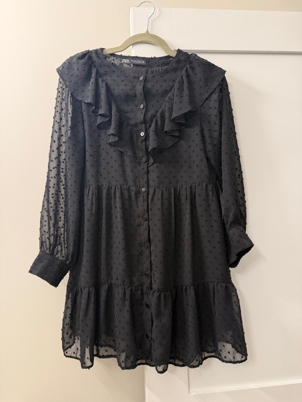 Zara Black Swiss Dot Ruffle Front Button Dress